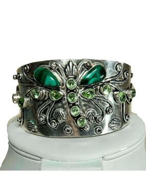 Vintage Style 925 Malachite Gemstone Bangle Bracelet